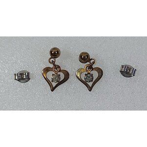 Gold Colored Heart Faux Diamond Earrings Vintage Pair 1990s Stud Girls Retro